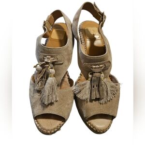 Kanna Espadrille Wedge Sandals Suede Tassel Peep Toe Beige Size 40